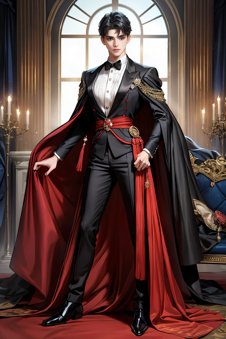 masterpiece, 最high quality, high quality, 1 boy, alone, Male focus, Watching the audience, Messy black hair, Adorable big blue eyes, White people, Noble, Noble,Sexy voluminous black and red cape、Tuxedo、A very voluminous, large, very large, very large, long, long red and black cape with a high stand-up collar, reaching down to the floor, made of a lot of fabric., ,Cute beautiful boys,Cute, cute, kind, handsome guy