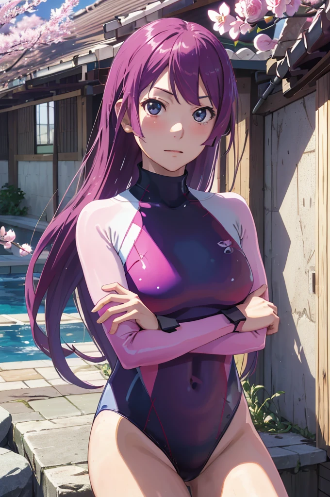 masterpiece, Best Quality, High resolution, S1, Senjougahara Hitagi, Long Hair, Long sleeve,((( High neck swimsuit Rosa Claro))),Thighs , Cowboy Shot, Crossed arms,cherry blossoms