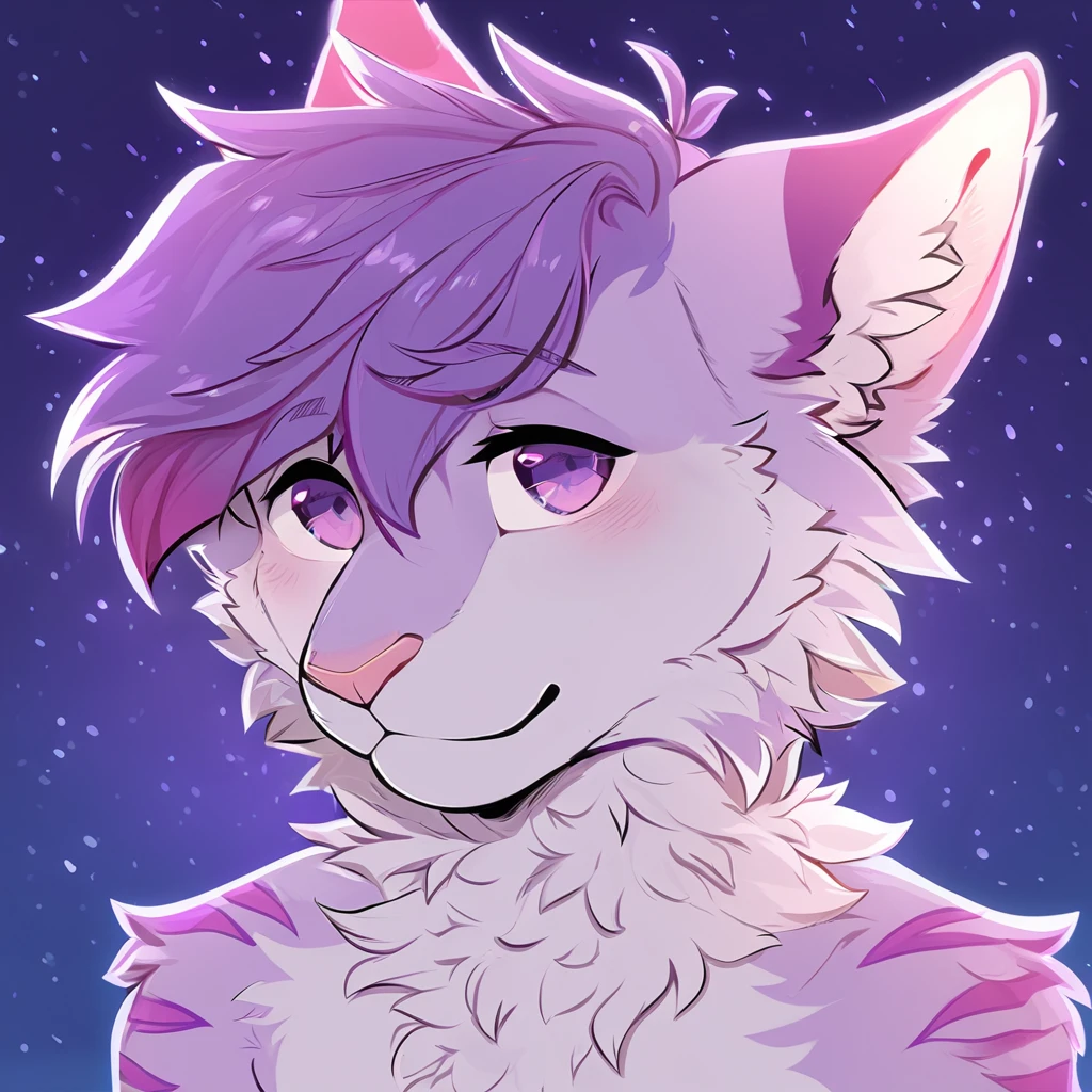 adult, feline, mammal, anthro, anthropomorphic, cat, striped, fur, striped_feline, fur, male, light_purple_fur, purple_hair, fluffy, white_chest, shy, small_pupils, digital_art, high_resolution, high_res, detailed, hand-drawn, pencil_lines, head_visible, background, neck_visible, seductive_face, detailed_line_work, profile_picture, head_visible, neptune_background, purple_background, cute, white, posing, finger_paws, dream_pose, headshot, head_only, small_pupils, seductive_face, tufts, paws, chest, glossy_fur, vibrant_colors, expressive_eyes, elegant_pose, high_quality