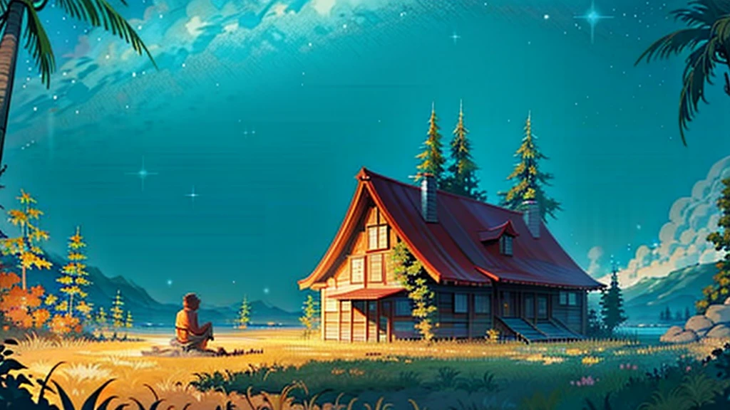 boy sitting by the campfire looking at the horizon at night, mountainscape, forst, beachfront, palm trees starry sky, overview, happy and colorful
