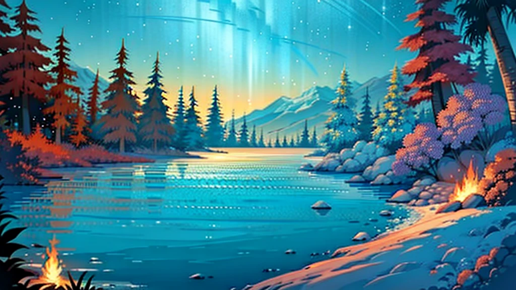 boy sitting by the campfire looking at the horizon at night, mountainscape, forst, beachfront, palm trees starry sky, overview, happy and colorful