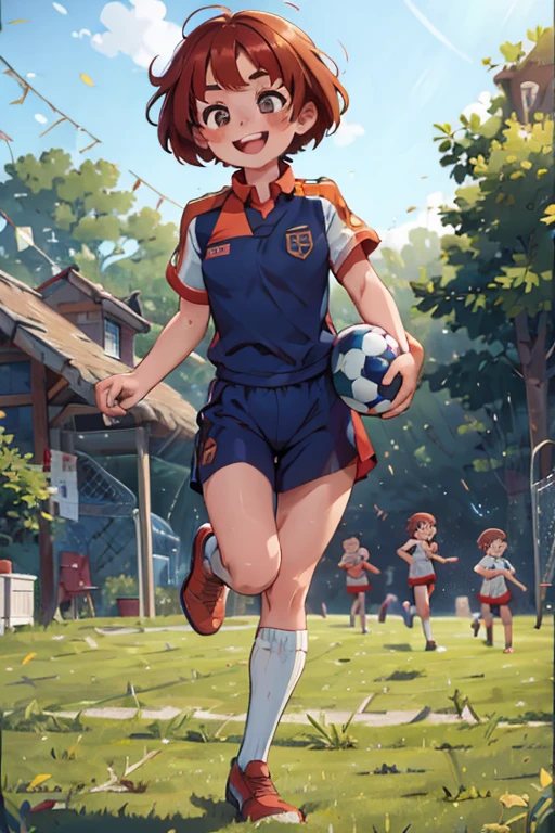 One girl. Perfect face. Perfect hands. A copper haired girl with copper eyes wearing a navy uniform is kicking a ball around with a big smile in a field
