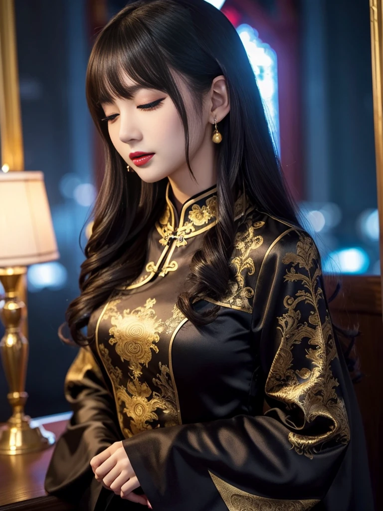 tra-detailed、Japanese、attractive beauty、seductive adult woman、pretty woman、piercing eyes、cool girl、wavy hair、swept bangs、Long Black and Gold Cheongsam、wide sleeves、Evil cadres、evil depravity、brainwash、mind control、lipstick、lip gloss、dark makeup、smirk、whisper in your ear、Evil expression、evil、hollow eyes,half-closed eyes、empty eyes、evil、church at night、vampire、succubus、vampire、Swear allegiance、sexy pose、hair ornaments、