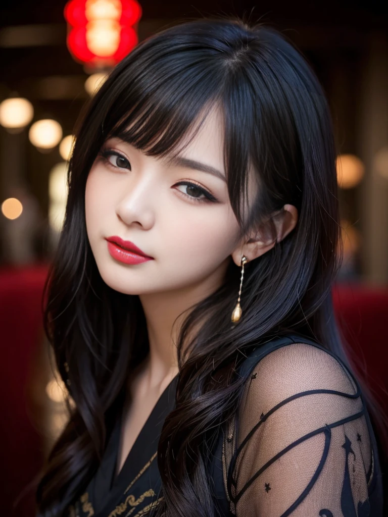 tra-detailed、Japanese、attractive beauty、seductive adult woman、pretty woman、piercing eyes、cool girl、wavy hair、swept bangs、Long Black and Gold Cheongsam、wide sleeves、Evil cadres、evil depravity、brainwash、mind control、lipstick、lip gloss、dark makeup、smirk、whisper in your ear、Evil expression、evil、hollow eyes,half-closed eyes、empty eyes、evil、church at night、vampire、succubus、vampire、Swear allegiance、sexy pose、hair ornaments、