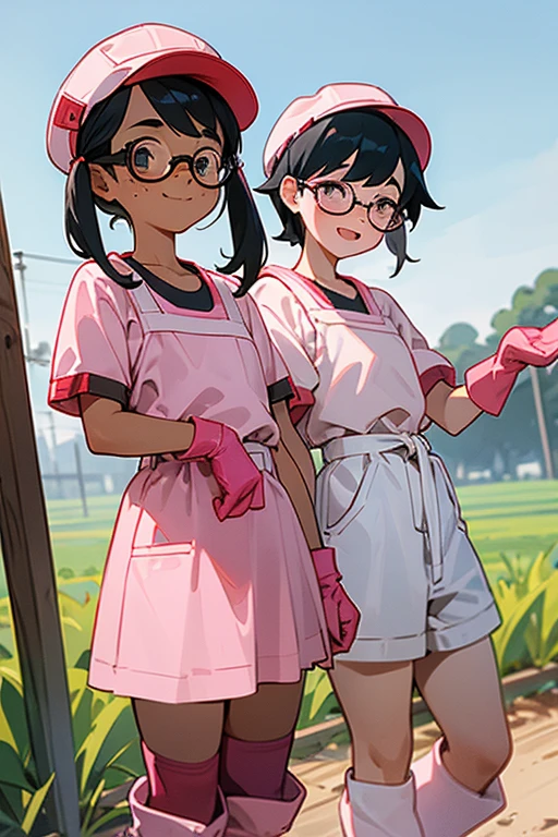Two elementary school students with freckles and glasses, wearing short-sleeved gym clothes, tied up black hair, and narrow eyes, working in the fields with smiles on their faces, wearing oversized pink rubber gloves and white rubber boots. White gym cap