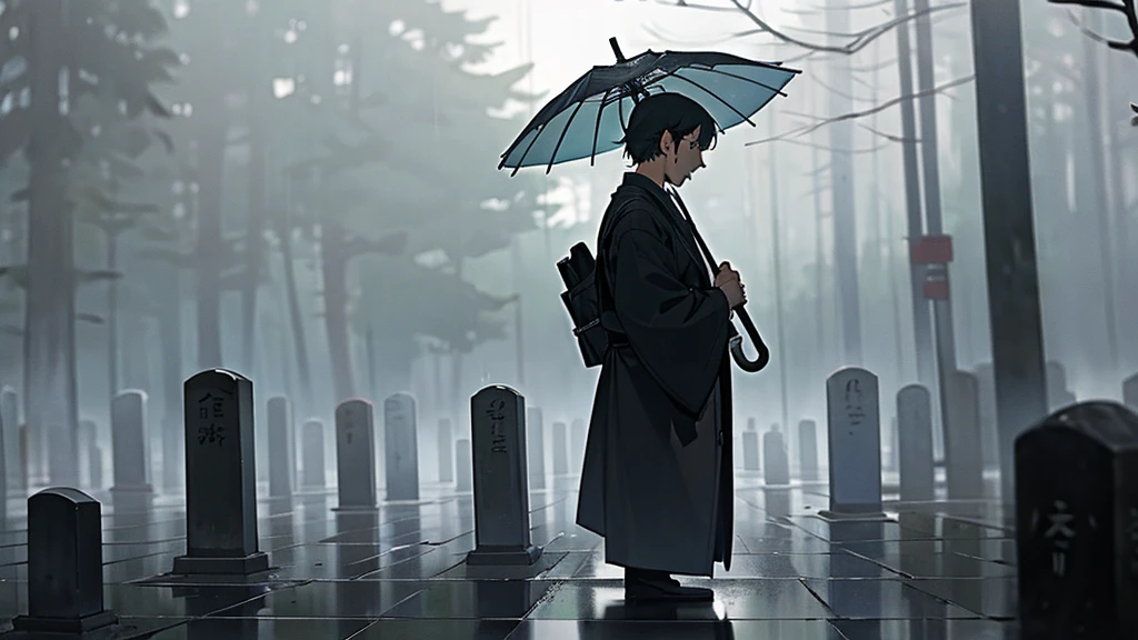 A man is crying in front of his grandfather's grave. It is raining and the man is not holding an umbrella. The grave is a Japanese stone. There is a sense of sadness in the air. His whole body is in the picture. Man wear a suite.