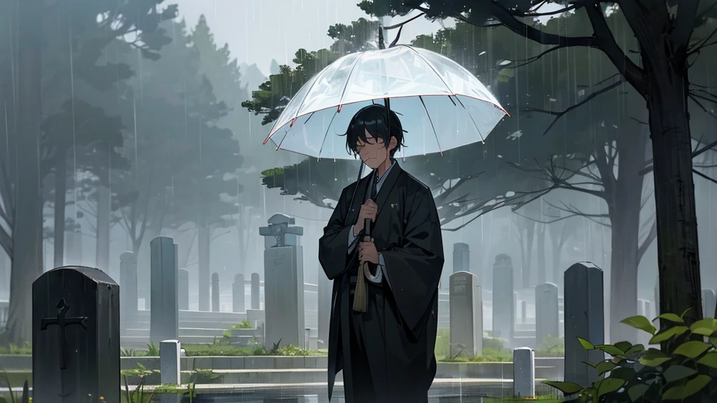 A man is crying in front of his grandfather's grave. It is raining and the man is not holding an umbrella. The grave is a Japanese stone. There is a sense of sadness in the air. His whole body is in the picture. Man wear a suite.