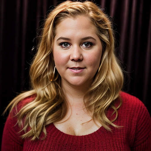 a Realistic portrait of a amy schumer, looking at the viewer, detailed face, detailed eyes, (smiling showing teeth:1.1), perfect slim body, modelshoot style, hand on own shoulder, wearing a red sweater with long sleeves, wearing gold earrings and jewelry, soft lighting, professional Photography, Photorealistic, detailed, standing in a dark Studio Room background, blurred background, RAW, analog, sharp focus, 8k, HD, DSLR, high quality, Fujifilm XT3, film grain, award winning, masterpiece