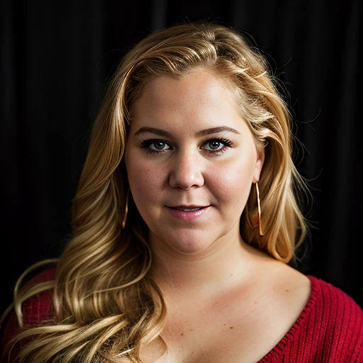 a Realistic portrait of a amy schumer, looking at the viewer, detailed face, detailed eyes, (smiling showing teeth:1.1), perfect slim body, modelshoot style, hand on own shoulder, wearing a red sweater with long sleeves, wearing gold earrings and jewelry, soft lighting, professional Photography, Photorealistic, detailed, standing in a dark Studio Room background, blurred background, RAW, analog, sharp focus, 8k, HD, DSLR, high quality, Fujifilm XT3, film grain, award winning, masterpiece