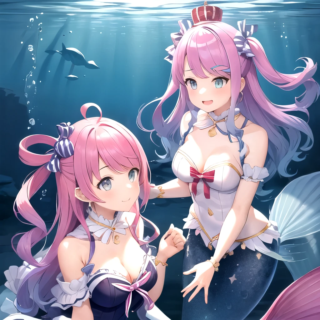 (2girls),(adult),Himemori Luna Hololive | Character Lora 1214,detailed mermaid,detailed fish,detailed underwater, detailed coral,girls close together,