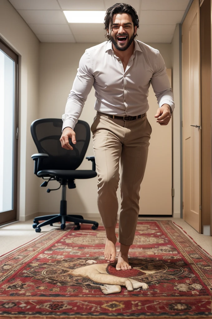 Create a three-dimensional 3D image of a man in the office barefoot with a proud face on a carpet with the image of a roaring lion