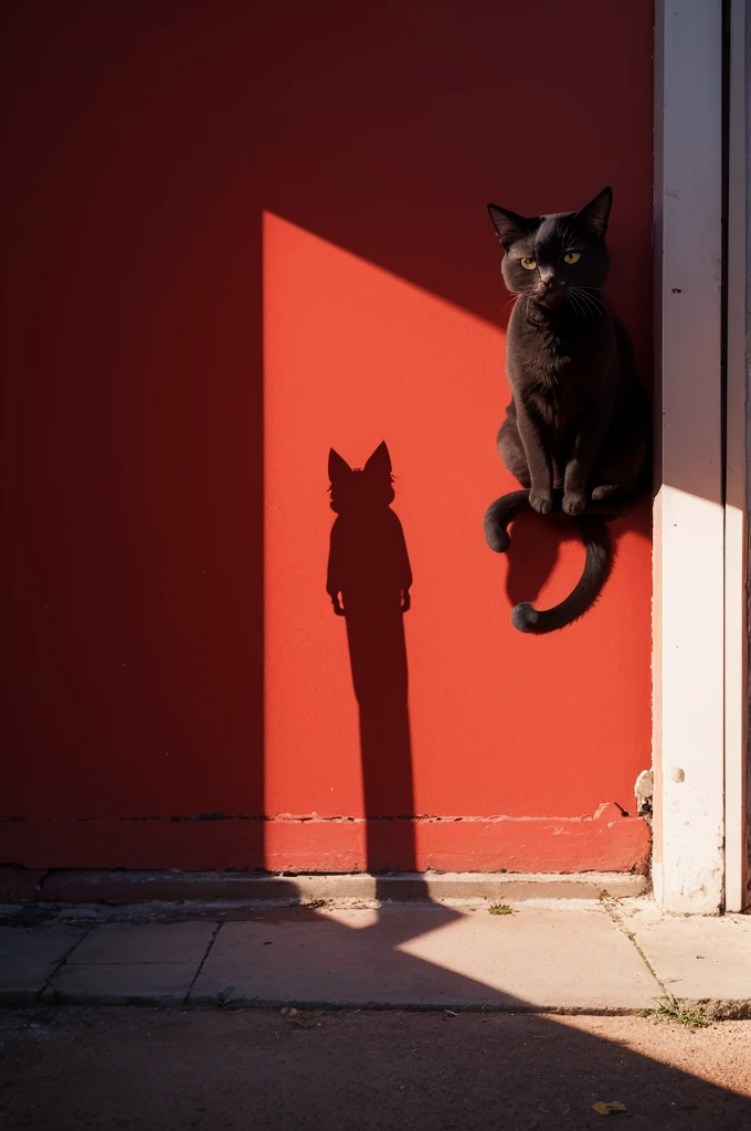 On a red wall place the shadow of a cat