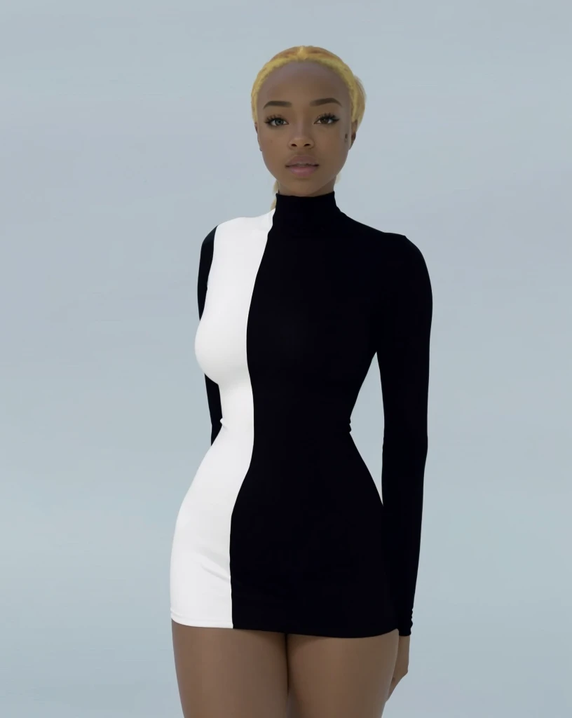 (Beautiful teen girl, Sonequa Martin-Green, Dove Cameron, Laura Harrier, Peyton List), Wearing tight white and black cotton-Lycra-fabric long sleeve mini dress, round breasts, slim waist, big hips, beautiful soft thighs, beautiful legs,(HDR, 8K, vivid, vibrant, detailed: 1.4), (hyper realistic, movie graphics), ray-tracing