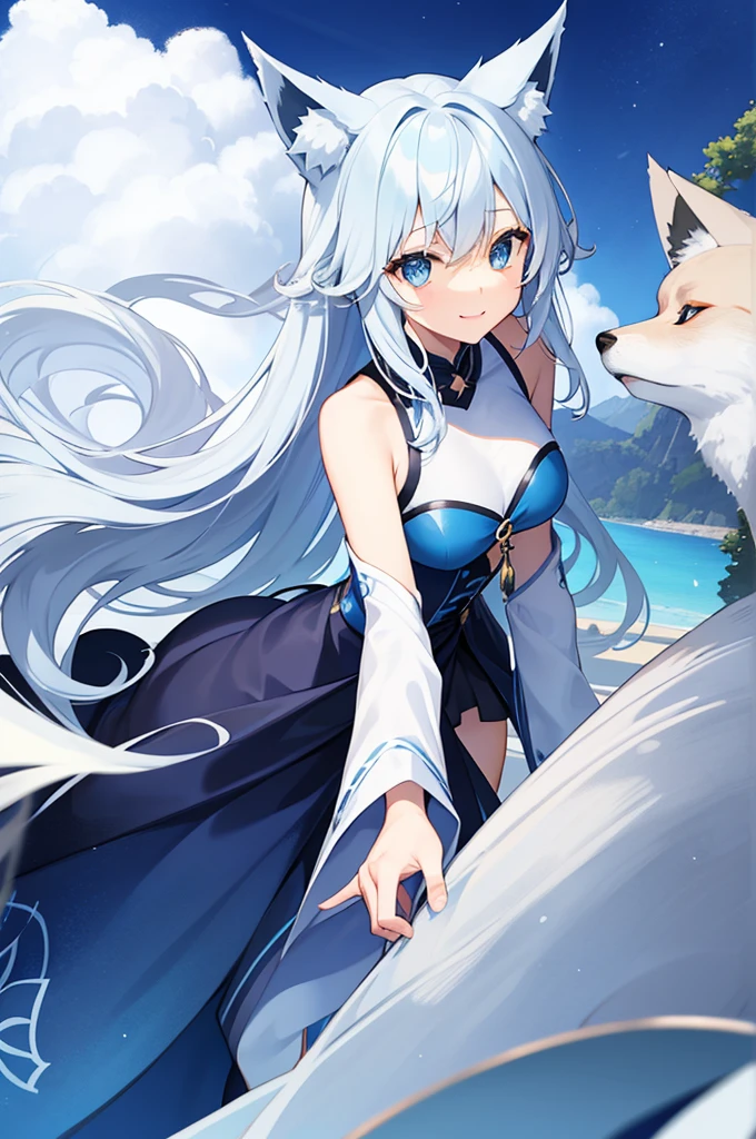 girl、fubuki1、smile、Gray Hair、Long Hair、Fox Ears、blue eyes、Fox&#39;s Tail、Fox Girl、Casual costume、Blue hoodie、Oversized hoodie、White thigh-high socks