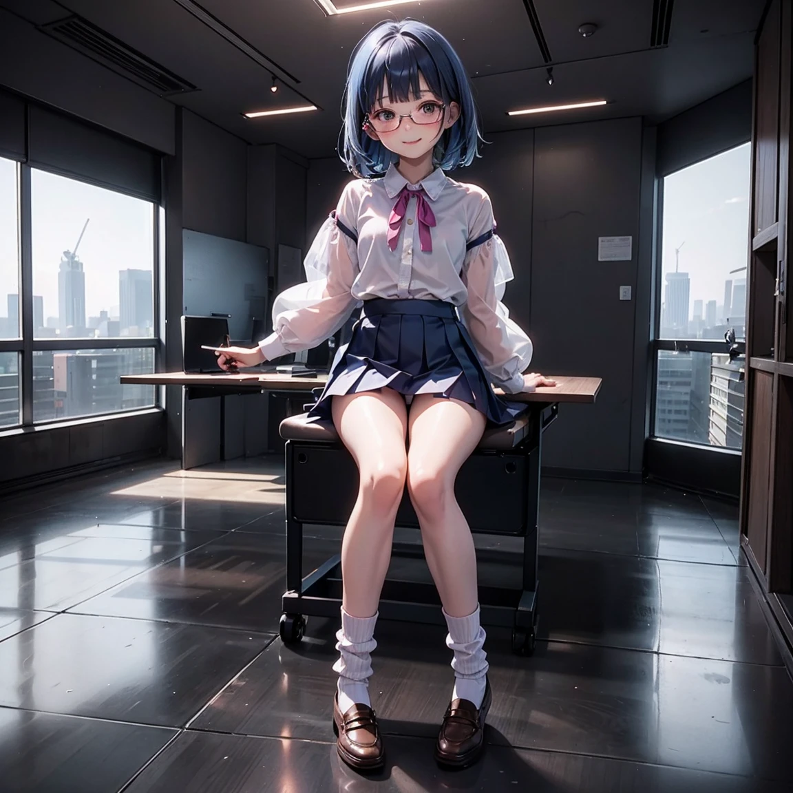 One woman（10 years old）、Short、Young face、smile、Long, blue hair、Thin glasses、White clothes、See-through shirt、ribbon、Short pleated skirt、Pink underwear、loose socks、Inside a skyscraper office at night、Spread your legs、Thin and lean legs、both hands tied and restrained