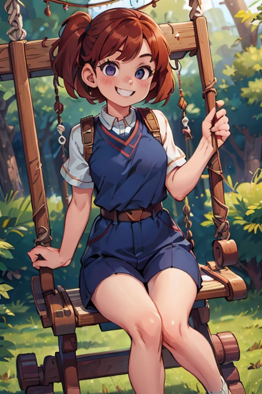 One girl. Perfect face. Perfect hands. A copper haired girl with copper eyes wearing a navy uniform is sitting on a swing with a big smile