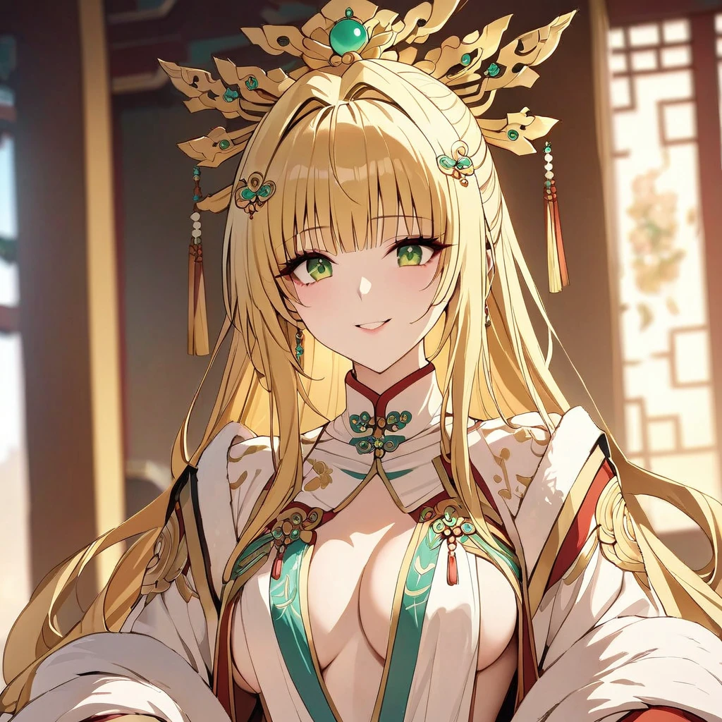 ((Highest quality)), ((masterpiece)), (detailed), （Perfect Face）、The woman is a Tieryu with green eyes, medium-long blonde hair, and is wearing a gorgeous ancient Chinese court costume embroidered with gold and red, with a gorgeous hair ornament.、The woman is an ancient Chinese empress, sitting on a gorgeous throne and smiling gently.