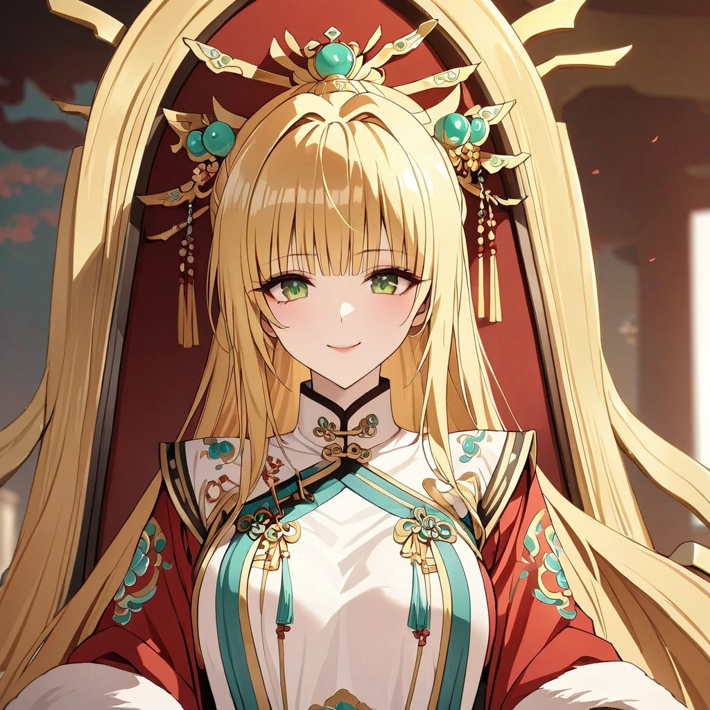 ((Highest quality)), ((masterpiece)), (detailed), (Perfect Face)、The woman is a Tieryu with green eyes, medium-long blonde hair, and is wearing a gorgeous ancient Chinese court costume embroidered with gold and red, with a gorgeous hair ornament.、The woman is an ancient Chinese empress, sitting on a gorgeous throne and smiling gently.