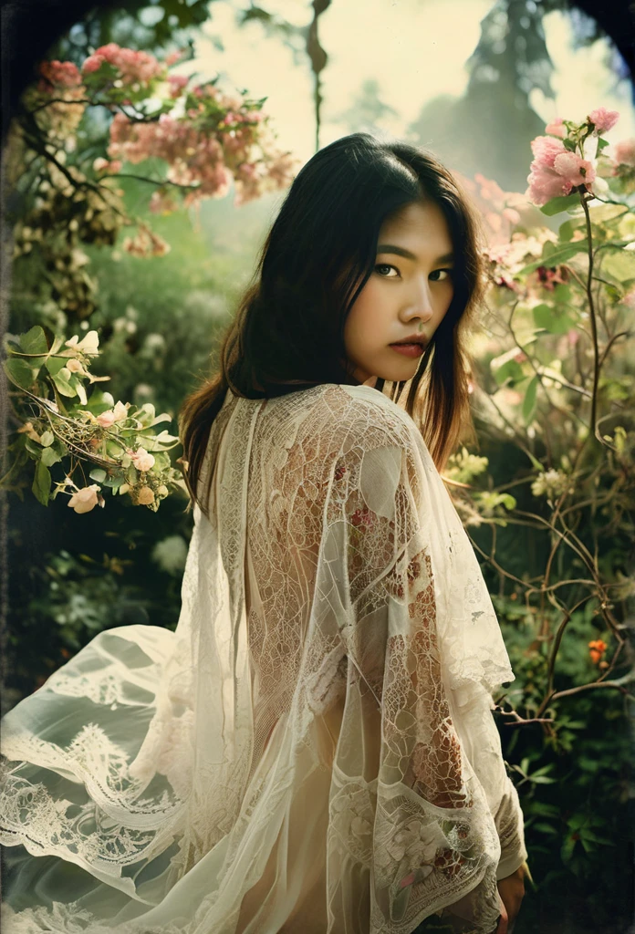 Ethereal Beauty in a Garden, digital art photograph, beautiful asian supermodel's face and body obscured by flowers, lace-trimmed garment, soft lighting, translucent fabrics, ethereal quality, dreamlike atmosphere, subtle colors, natural garden setting, Sally Mann-inspired style.
