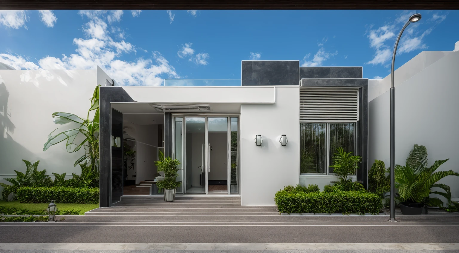 Surreal, raw photos, best quality, surreal, masterpiece, best quality interface, hd photography, dslr, tcs, httlvn. Best quality, hyper realistic, hyper detail, 8k Render, maximum quality. Wide-angle photo shows the front of a modern one-story villa with white walls and glass windows, surrounded by lush greenery. This place welcomes natural light. Stone paths lead to the courtyard, decorated with vibrant tropical plants. 
