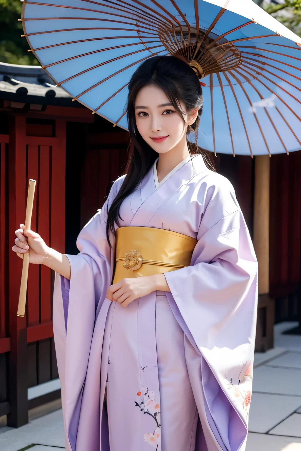masterpiece, close up, full body a hyper-realistic masterpiece featuring a very beautiful, atractive smile, elegant woman wearing traditional Japanese clothing. Hyperdetailed face, She holds a colorful umbrella and walks into a palace. The scene is inspired by ancient Japanese beauties and princesses, with a harmonious blend of traditional Japanese art. The image is of the highest quality, ultra-high definition (UHD), and captures the essence of Japan’s Emperor’s dynasty, UHD, best resolution, portrait, 28K.