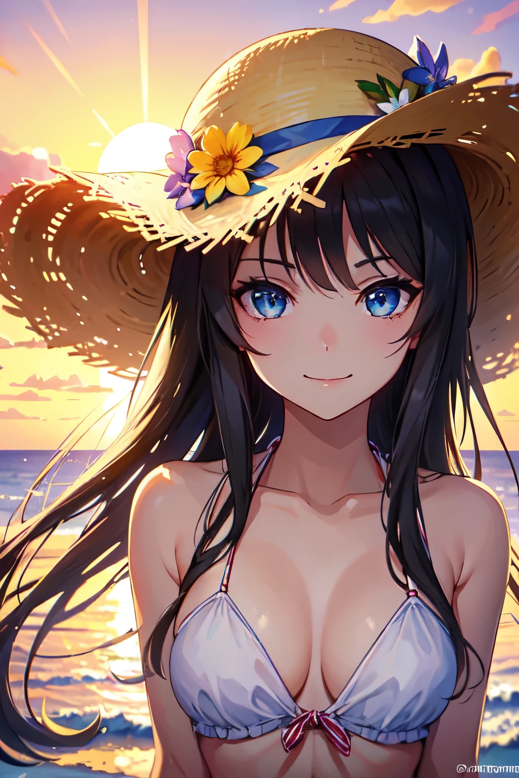 One Girl, long tied brunette hair, smile, blue eyes, Wink, View your audience, Wear a bikini, flower straw hat, (Beach), (sunset), evening, masterpiece, 8K, Perfect lighting, Perfect outfit, Perfect Anatomy, Perfect Eyes, Perfect Face, Sharp resolution, (Face close-up)