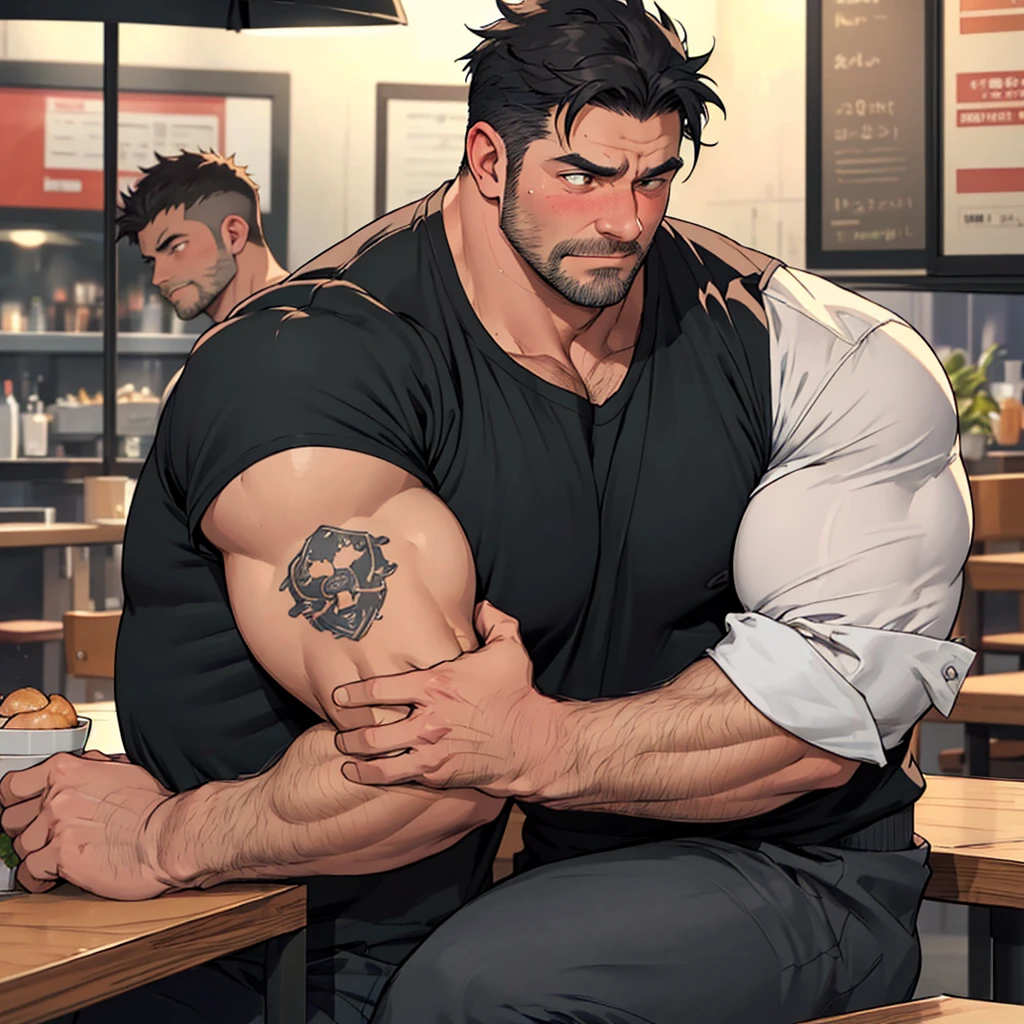 Middle aged man, manly and big, he is an omega who hasn'd found his mate yet. Now he is going to a blind date, sitting on the table waiting for meet his mate. He looks tired and a little sad. big, muscular man (muscular man). black hair small and gray eyes. dressed in a black sleeveless shirt, masterpiece), (best quality), (ultra detailed), (illustration), dilf,, blushing, soft hacial hair, nervous, restaurant