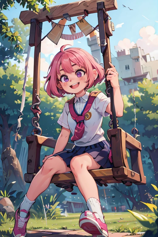 One girl. Perfect face. Perfect hands. A pink haired girl with violet eyes wearing a navy uniform is sitting on a swing with a big smile