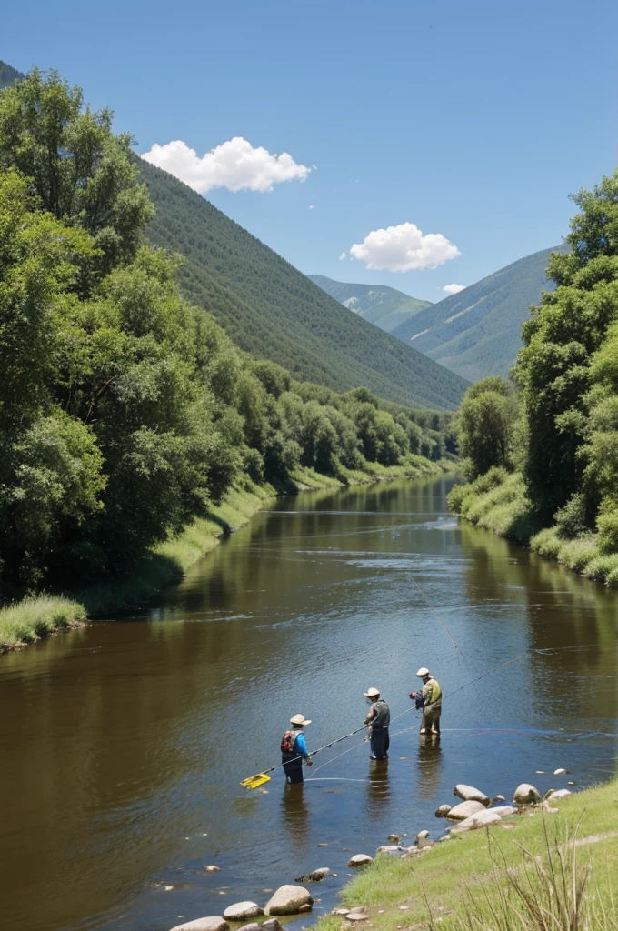 3 friends fishing in a river and only 1 has the fishing rod