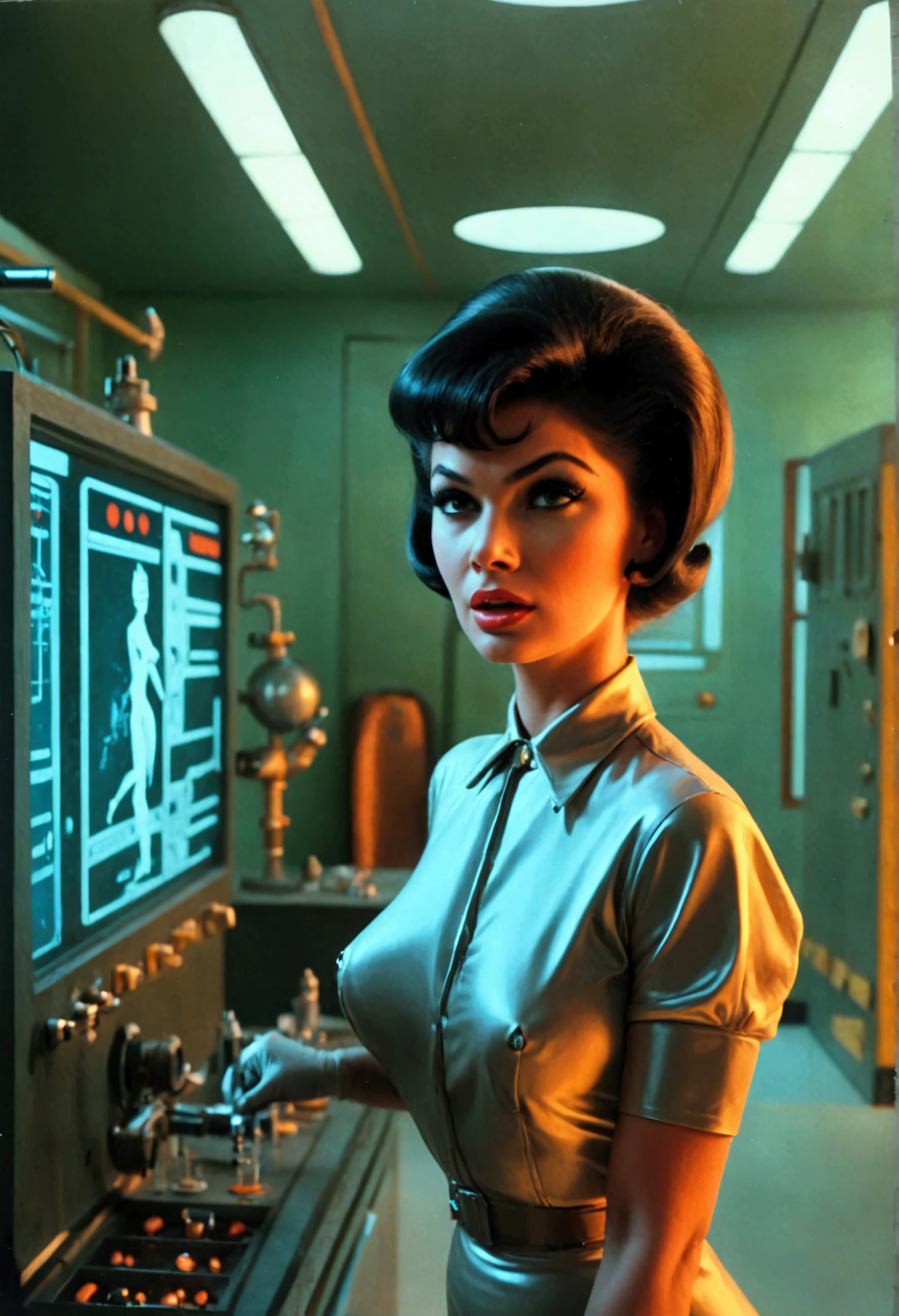 jayne mansfield (age 25, young and vibrant, sexy sci fi scientist), damsel in distress, recoiling from a terrible monster. science lab 1960s sci fi cinema. Show all of her, full body shown
