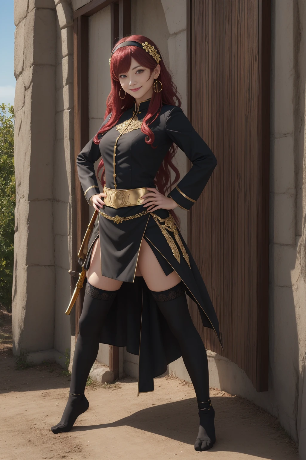 ((Full-length photo, standing, feet on the ground)) ybv1, 1girl, smile, hands on hips, hair flower, gold earrings, gold hairband, holding weapon, dual wielding, long hair, red eyes, rose, short hair with long locks, sidelocks, black thighhighs, thighhighs