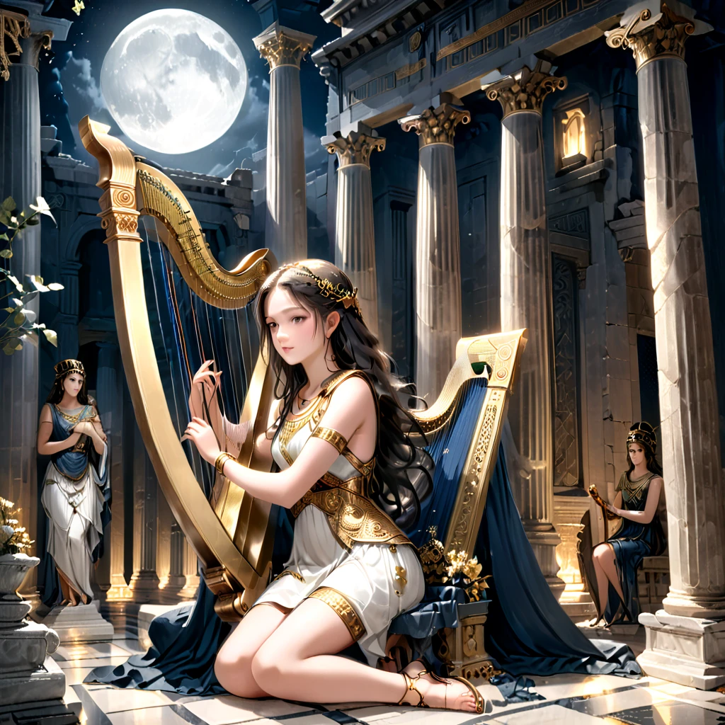 a young priestess, sitting, she places a harp larger than herself in front of him and plays it, playing a large lyre, ancient Greek temple, late at night, inside the temple it is (dark:1.3) and there is (no lighting:1.2), the moonlight shines in at an angle, shining a faint light on her., highly detailed, photorealistic, realistic lighting, intricate architecture, ornate decorations, cool color palette, golden accents, soft fabric textures, mesmerizing expression, elegant pose, cinematic composition, natural lighting, realistic shadows, mystical atmosphere, hyperrealistic, award-winning art