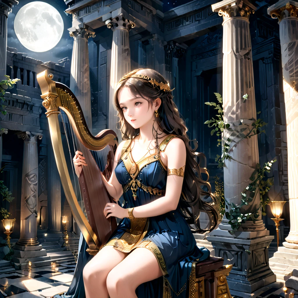 a young priestess, sitting, she places a harp larger than herself in front of him and plays it, playing a large lyre, ancient Greek temple, late at night, inside the temple it is (dark:1.3) and there is (no lighting:1.2), the moonlight shines in at an angle, shining a faint light on her., highly detailed, photorealistic, realistic lighting, intricate architecture, ornate decorations, cool color palette, golden accents, soft fabric textures, mesmerizing expression, elegant pose, cinematic composition, natural lighting, realistic shadows, mystical atmosphere, hyperrealistic, award-winning art
