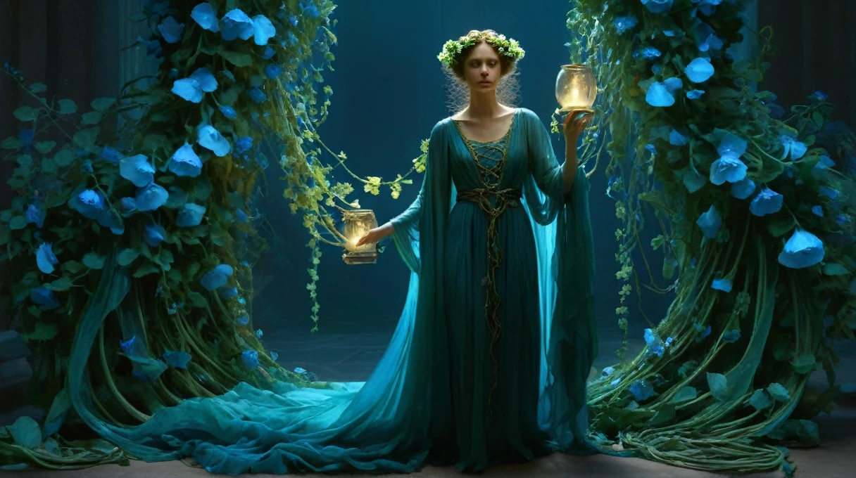 tempestmagic: Invasive vines with paralyzing toxins,, Candlelight,, Sharp focus, It has bright blue-green flowers、Transparent and elegant fabric, detailed, Cinema Lighting, From artgerm, Rutkowski, Mucha Klimt, With Craig Mullins, Exoskeleton, Digital Art, Trending on Art Station