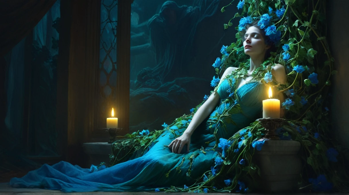 tempestmagic: Invasive vines with paralyzing toxins,, Candlelight,, Sharp focus,  It has bright blue-green flowers、Transparent and elegant fabric, detailed, Cinema Lighting, From artgerm, Rutkowski, Mucha Klimt, With Craig Mullins, Exoskeleton, Digital Art, Trending on Art Station