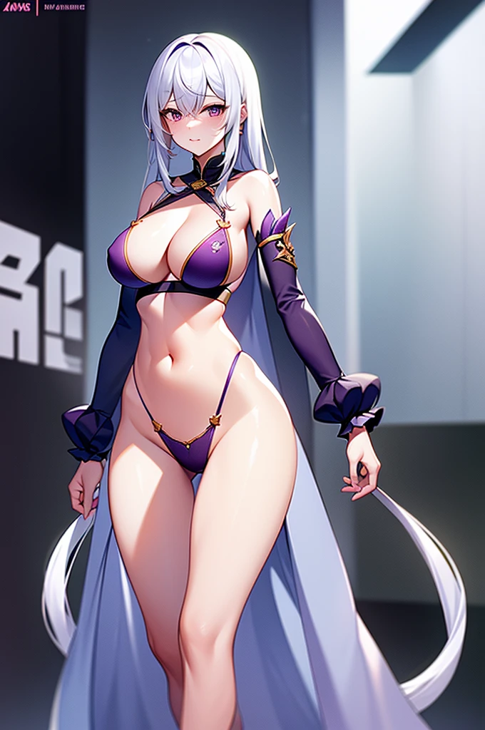 1womanl, 独奏, White hair, purple outfit, defined body.