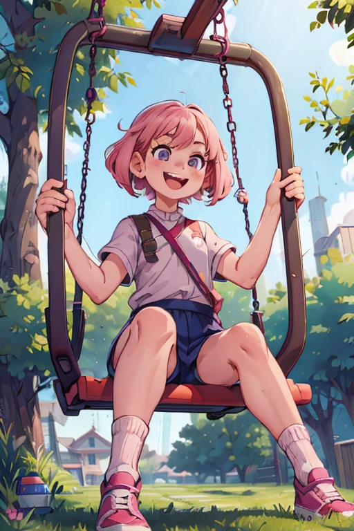 One girl. Perfect face. Perfect hands. A pink haired girl with violet eyes wearing a navy uniform is sitting on a swing with a big smile