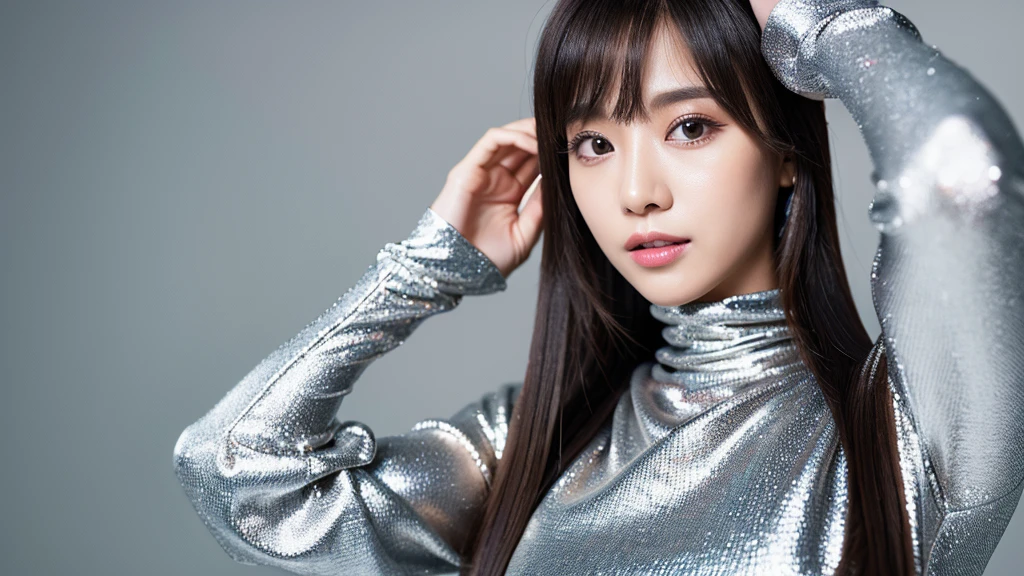 Zoom in on face,Sharp Eyes,(Detailed face),(vivid),Turtleneck thin(Silver)Clothes,4K,Ultra-high resolution,（Photorealistic：1.7）,Black long hair,Gray background,