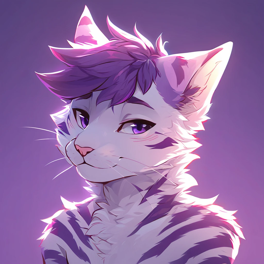 adult, feline, mammal, anthro, anthropomorphic, cat, striped, fur, striped_feline, fur, male, light_purple_fur, purple_hair, fluffy, white_chest, shy, small_pupils, digital_art, high_resolution, high_res, detailed, hand-drawn, pencil_lines, head_visible, background, neck_visible, seductive_face, detailed_line_work, profile_picture, head_visible, neptune_background, purple_background, cute, white, posing, finger_paws, dream_pose, headshot, head_only, small_pupils, seductive_face, tufts, paws, chest, glossy_fur, vibrant_colors, expressive_eyes, elegant_pose, high_quality
