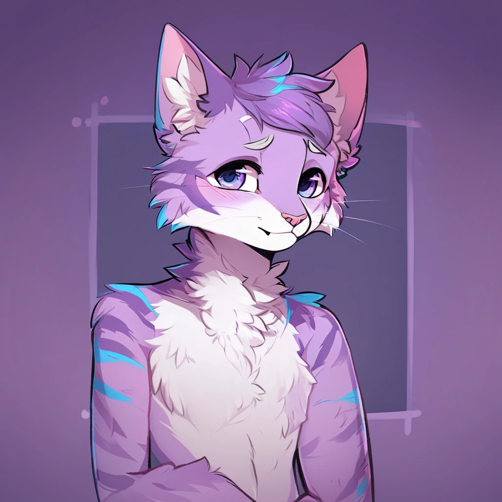adult, feline, mammal, anthro, anthropomorphic, cat, striped, fur, striped_feline, fur, male, light_purple_fur, purple_hair, fluffy, white_chest, shy, small_pupils, digital_art, high_resolution, high_res, detailed, hand-drawn, pencil_lines, head_visible, background, neck_visible, seductive_face, detailed_line_work, profile_picture, head_visible, neptune_background, purple_background, cute, white, posing, finger_paws, dream_pose, headshot, head_only, small_pupils, seductive_face, tufts, paws, chest, glossy_fur, vibrant_colors, expressive_eyes, elegant_pose, high_quality