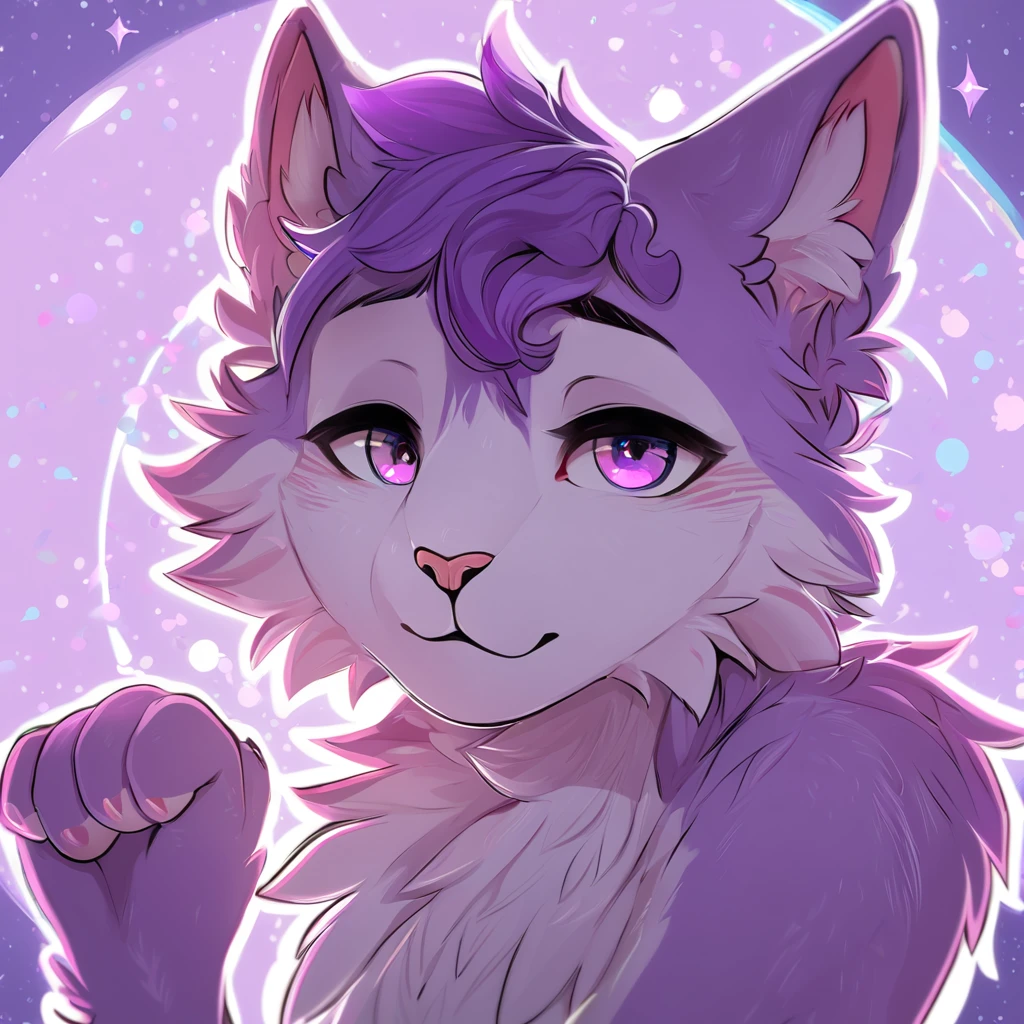 adult, feline, mammal, anthro, anthropomorphic, cat, striped, fur, striped_feline, fur, male, light_purple_fur, purple_hair, fluffy, white_chest, shy, small_pupils, digital_art, high_resolution, high_res, detailed, hand-drawn, pencil_lines, head_visible, background, neck_visible, seductive_face, detailed_line_work, profile_picture, head_visible, neptune_background, purple_background, cute, white, posing, finger_paws, dream_pose, headshot, head_only, small_pupils, seductive_face, tufts, paws, chest, glossy_fur, vibrant_colors, expressive_eyes, elegant_pose, high_quality