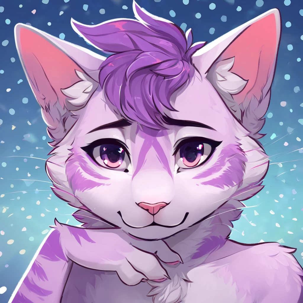 adult, feline, mammal, anthro, anthropomorphic, cat, striped, fur, striped_feline, fur, male, light_purple_fur, purple_hair, fluffy, white_chest, shy, small_pupils, digital_art, high_resolution, high_res, detailed, hand-drawn, pencil_lines, head_visible, background, neck_visible, seductive_face, detailed_line_work, profile_picture, head_visible, neptune_background, purple_background, cute, white, posing, finger_paws, dream_pose, headshot, head_only, small_pupils, seductive_face, tufts, paws, chest, glossy_fur, vibrant_colors, expressive_eyes, elegant_pose, high_quality