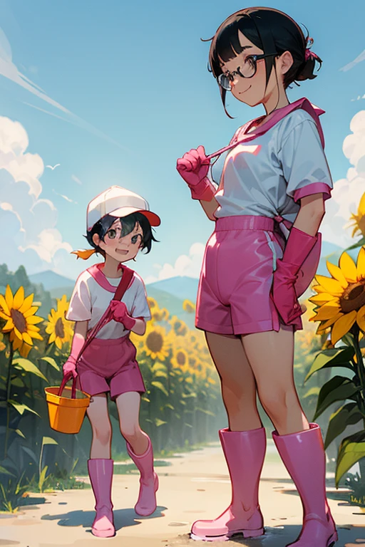 A pair of elementary school students with freckles, glasses and narrow eyes, wearing short-sleeved gym clothes, black hair tied up, wearing large pink rubber gloves and white rubber boots, smiling as they pick safflowers. White gym cap