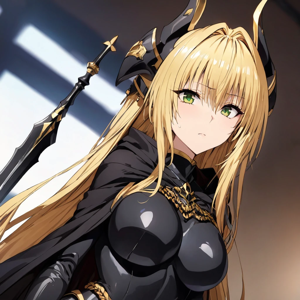 ((Highest quality)), ((masterpiece)), (detailed), (Perfect Face)、The woman is Tearju, a female dark knight with green eyes and medium-long blonde hair. She is wearing shiny black armor with gold decorations, a dark knight helmet, and a black cloak.々He has a great dark sword.、The woman is a female dark knight who serves the Demon King.