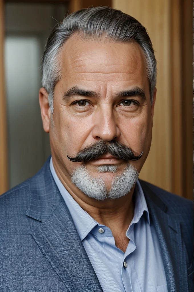 Create an image with the following details:

**Subject:** Older man

**Features:**
- **Hair:** Salt-and-Pepper/Silver color, Voluminous, Short, Dull
- **Eyebrows:** Bushy, Grey
- **Eyes:** Aquamarine, Squinty, Sunken
- **Nose:** Long, Bulbous, Hawk
- **Lips:** Full
- **Body:** Chubby, Portly, Tall
- **Skin Tone:** Honey
- **Facial Hair:** Moustache
- **Facial Structure:** Wrinkled, Lined, Round, Jowly

**Outfit:** Blue or Purple Suit

**Pose and Expression:**
- **Pose:** Standing, Facing Camera
- **Expression:** Confident, Humble Half-Smile

**Context:** He is a politician getting an official photo taken.