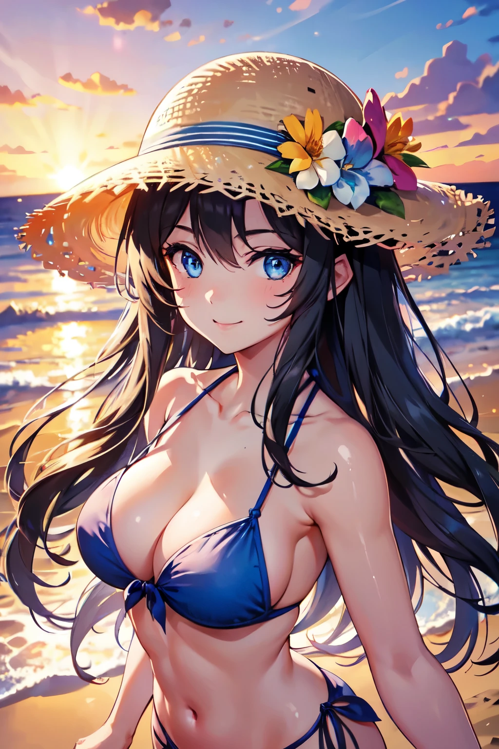 One Girl, long tied brunette hair, smile, blue eyes, Wink, View your audience, Wear a bikini, flower straw hat, (Beach), (sunset), evening, masterpiece, 8K, Perfect lighting, Perfect outfit, Perfect Anatomy, Perfect Eyes, Perfect Face, Sharp resolution, (Face close-up)
