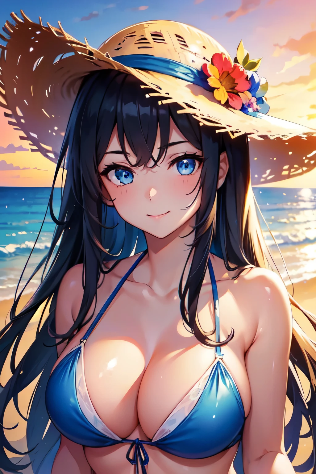 One Girl, long tied brunette hair, smile, blue eyes, Wink, View your audience, Wear a bikini, flower straw hat, (Beach), (sunset), evening, masterpiece, 8K, Perfect lighting, Perfect outfit, Perfect Anatomy, Perfect Eyes, Perfect Face, Sharp resolution, (Face close-up)