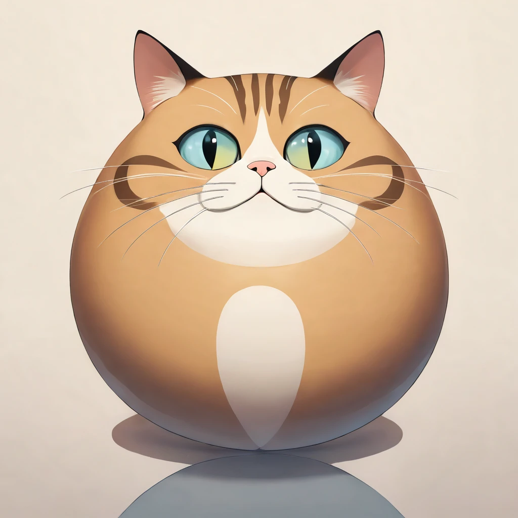 A fat cat, round like a sphere, is looking at me.