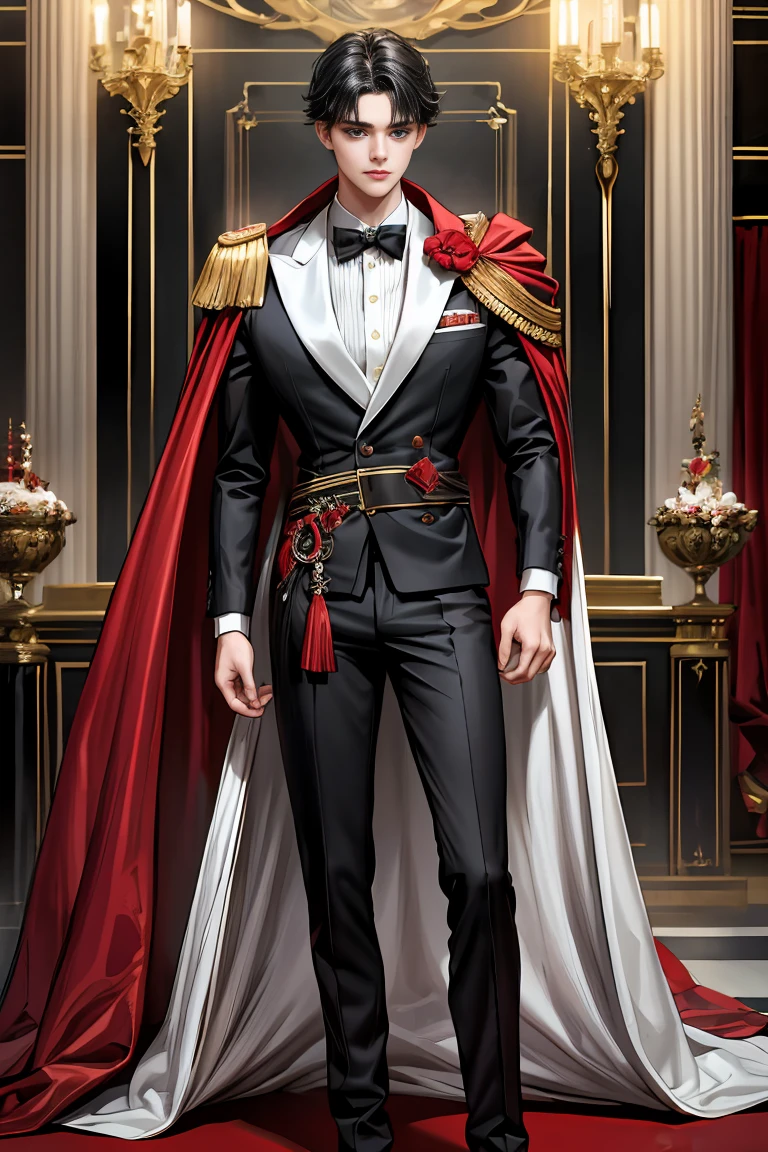 masterpiece, 最high quality, high quality, 1 boy, alone, Male focus, Watching the audience, Messy black hair, Adorable big blue eyes, White people, Noble, Noble,Sexy voluminous black and red cape、Tuxedo、A very voluminous, large, very large, very large, long, long red and black cape with a high stand-up collar, reaching down to the floor, made of a lot of fabric., ,Cute beautiful boys,Cute, cute, kind, handsome guy