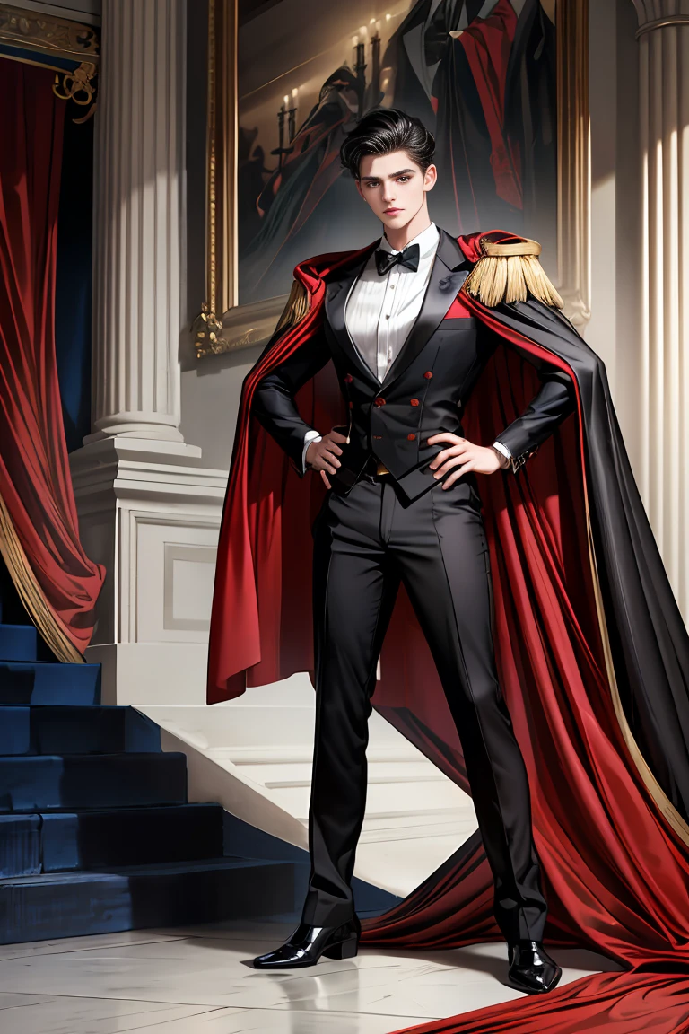 masterpiece, 最high quality, high quality, 1 boy, alone, Male focus, Watching the audience, Messy black hair, Adorable big blue eyes, White people, Noble, Noble,Sexy voluminous black and red cape、Tuxedo、A very voluminous, large, very large, very large, long, long red and black cape with a high stand-up collar, reaching down to the floor, made of a lot of fabric., 17 years old,Cute beautiful boys,Cute, cute, kind, handsome guy